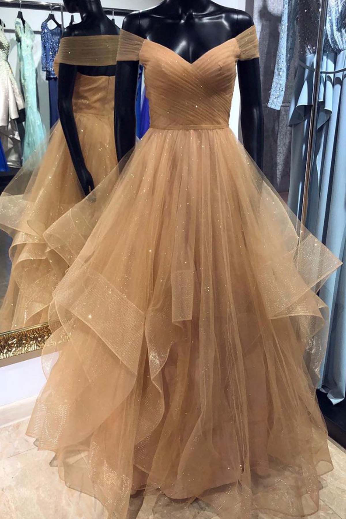 Champagne Off Shoulder Long Prom Dress Outfits For Women with Layered Skirt