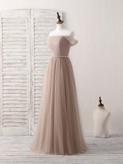 Champagne Off Shoulder Tulle Long Prom Dress Outfits For Girls, Champagne Evening Dress