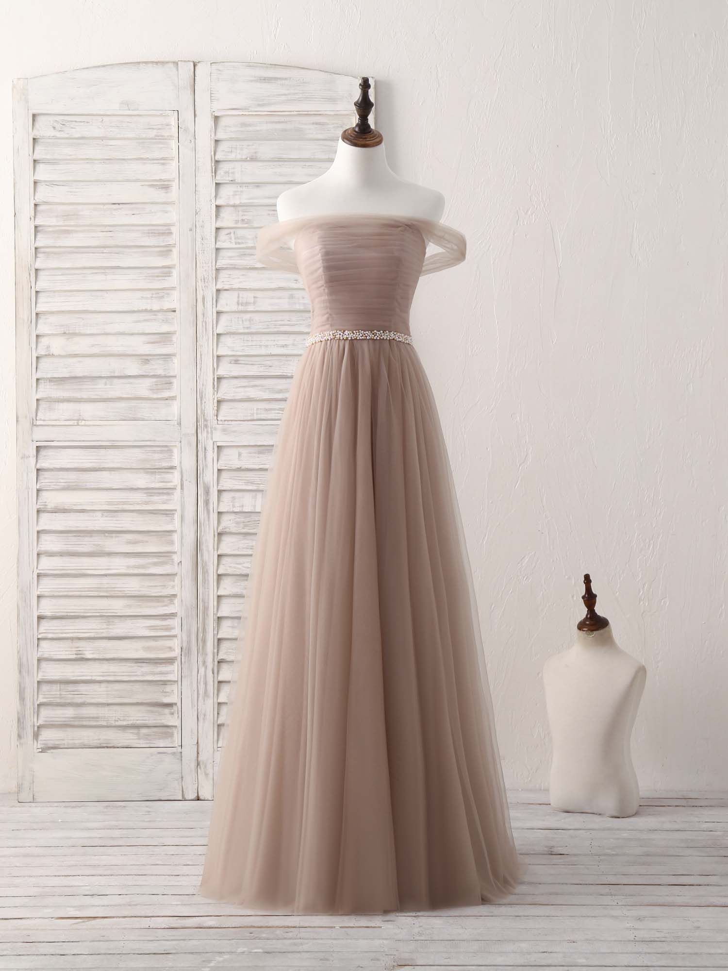 Champagne Off Shoulder Tulle Long Prom Dress Outfits For Girls, Champagne Evening Dress