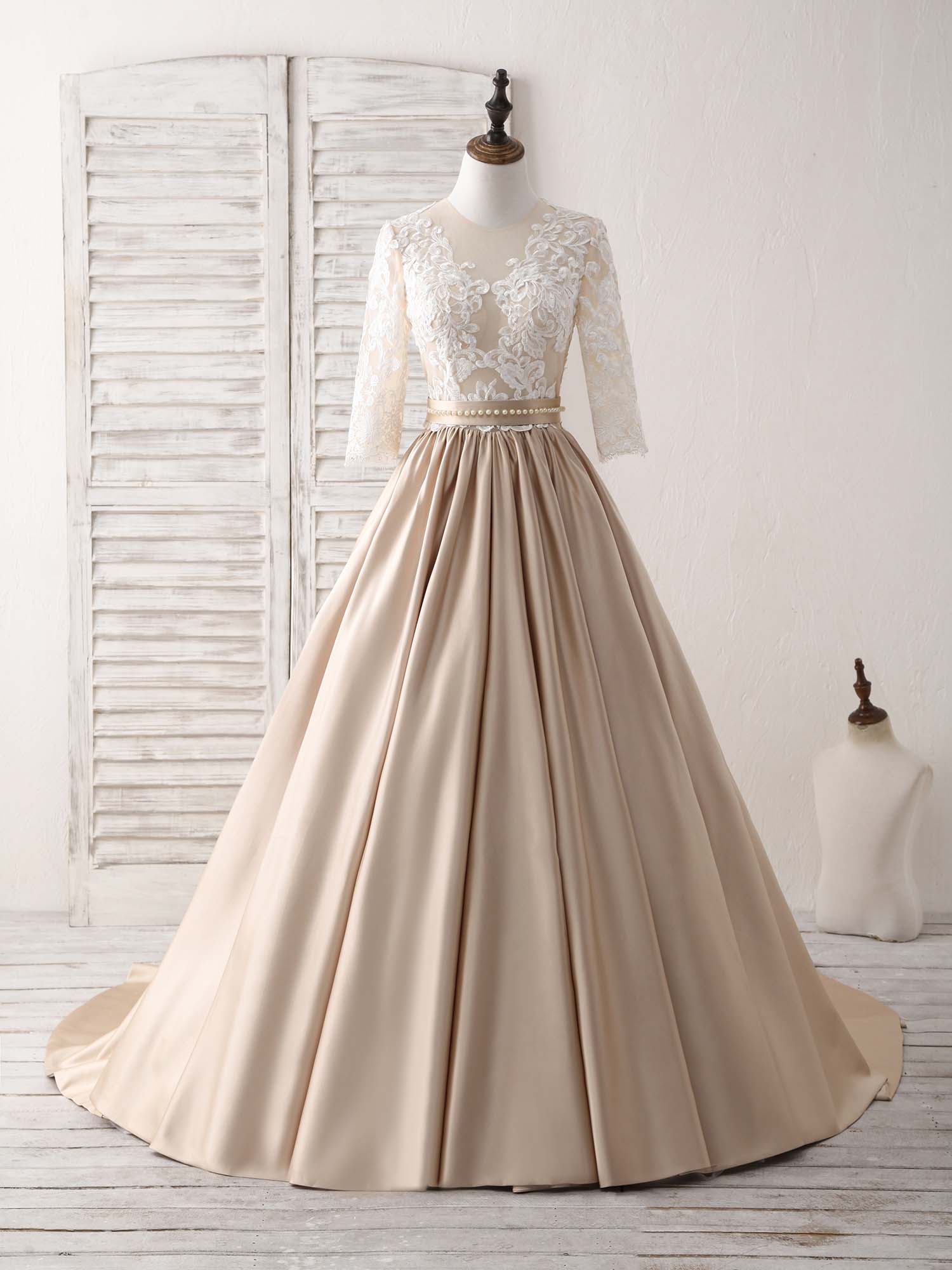 Champagne Round Neck Satin Lace Long Prom Dress Outfits For Girls, Evening Dress