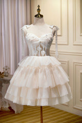 Champagne Spaghetti Straps Lace Party Dress Outfits For Girls, A-Line Short Homecoming Dress