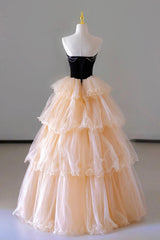 Champagne Sweetheart Tulle Layers Long Party Dress Outfits For Girls, Strapless A-Line Prom Dress