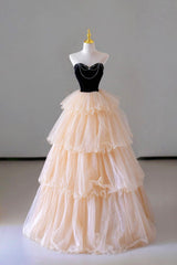 Champagne Sweetheart Tulle Layers Long Party Dress Outfits For Girls, Strapless A-Line Prom Dress