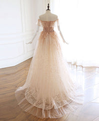 Champagne Tulle Lace Long Prom Dress Outfits For Women Champagne Tulle Lace Evening Dress