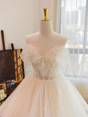 Champagne Tulle Lace Long Wedding Dress Outfits For Girls, Lace Tulle Wedding Gown