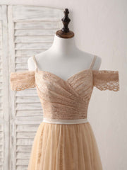Champagne Tulle Long Bridesmaid Dress Outfits For Girls, Champagne Prom Dresses