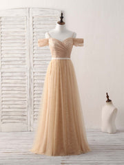 Champagne Tulle Long Bridesmaid Dress Outfits For Girls, Champagne Prom Dresses