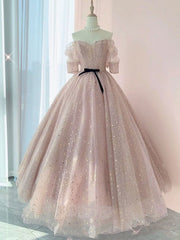 Champagne tulle long prom Dress Outfits For Girls, tulle long evening dress
