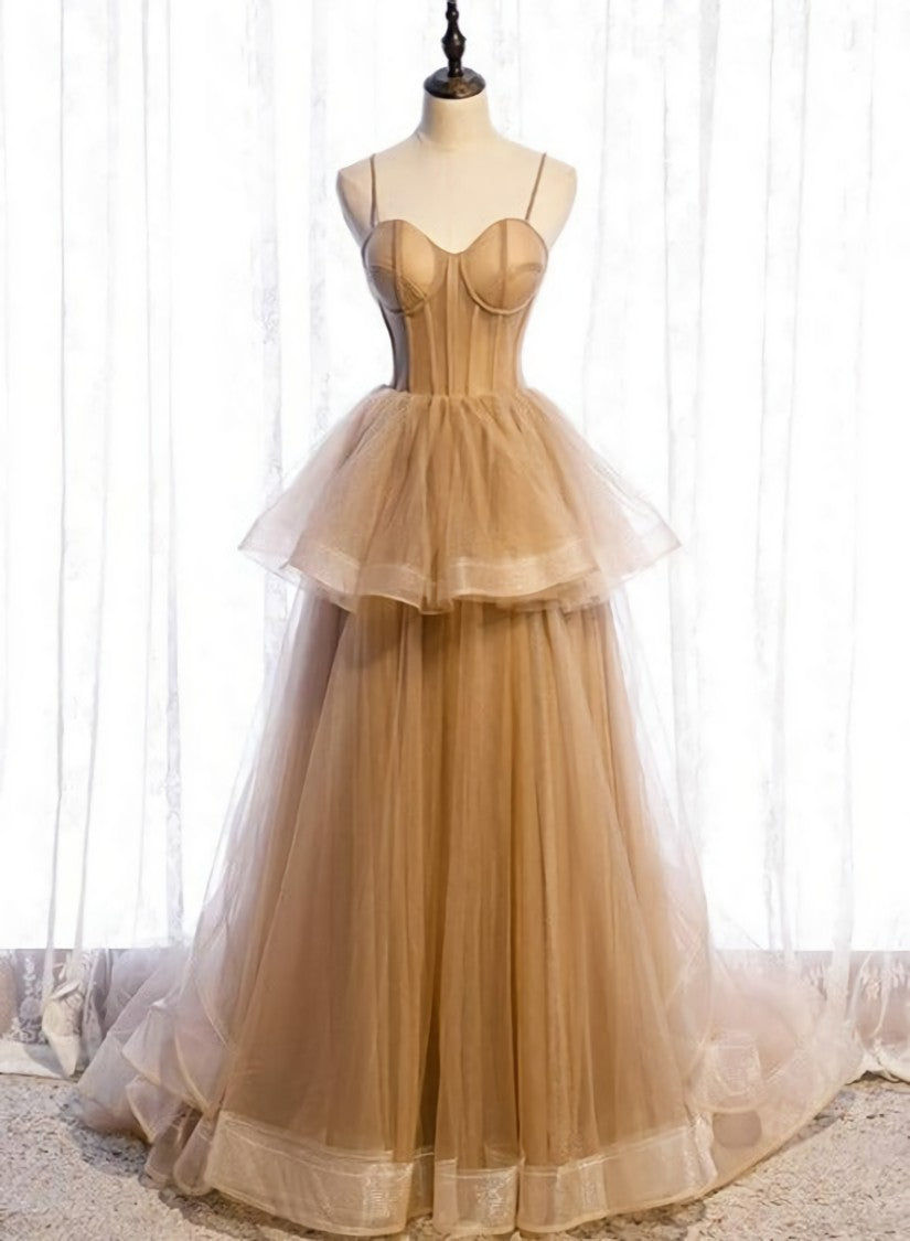 Champagne Tulle Sweetheart Straps Long Ball Gown Prom Dresses For Black girls For Women, Champagne Party Dresses