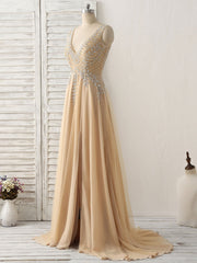 Champagne V Neck Beads Long Prom Dress Outfits For Women Tulle Evening Dress
