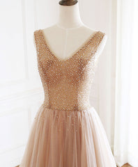 Champagne V Neck Tulle Beads Long Prom Dress Outfits For Women Evening Dress