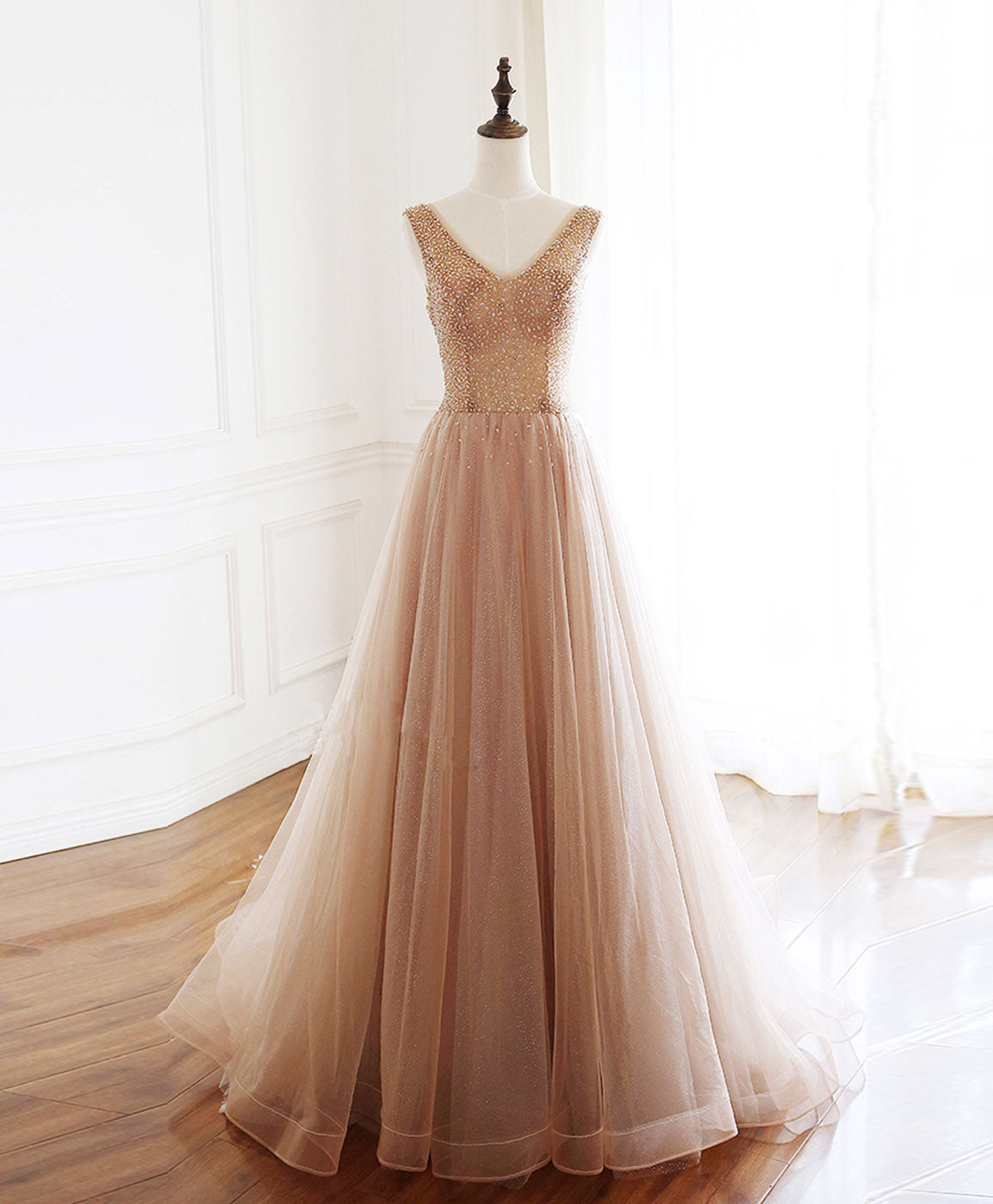 Champagne V Neck Tulle Beads Long Prom Dress Outfits For Women Evening Dress