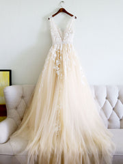 Champagne V Neck Tulle Lace Applique Long Prom Dress Outfits For Girls, Evening Dress