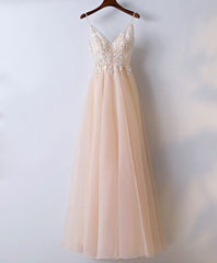 Champagne V Neck Tulle Long Prom Dress Outfits For Girls, Lace Evening Dress