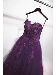 Charming Ball Gown Purple Tulle Sweetheart Lace Applique Formal Dress Outfits For Girls, Purple Sweet 16 Dresses