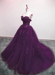 Charming Ball Gown Purple Tulle Sweetheart Lace Applique Formal Dress Outfits For Girls, Purple Sweet 16 Dresses