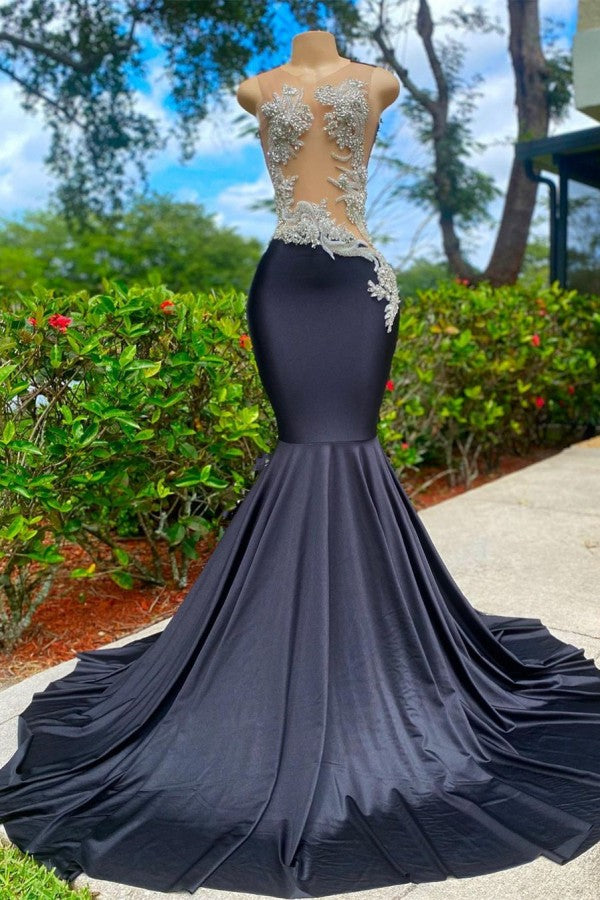 Charming Black Long Mermadi Jewel Satin Tulle Lace Appliques Prom Dress