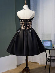 Charming Black Satin with Lace Applique Homecoming Dress Outfits For Girls, Knee Length Prom Dress