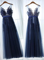 Charming Blue Lace Applique Prom Dress Outfits For Girls, A-line Blue Bridesmaid Dress