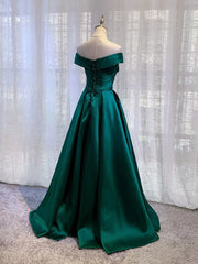Charming Dark Green Satin Long Junior Prom Dress Outfits For Girls, Off Shoulder Evening Gown