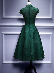 Charming Dark Green Tea Length High Neckline Party Dress Outfits For Girls, Wedding Party Dress