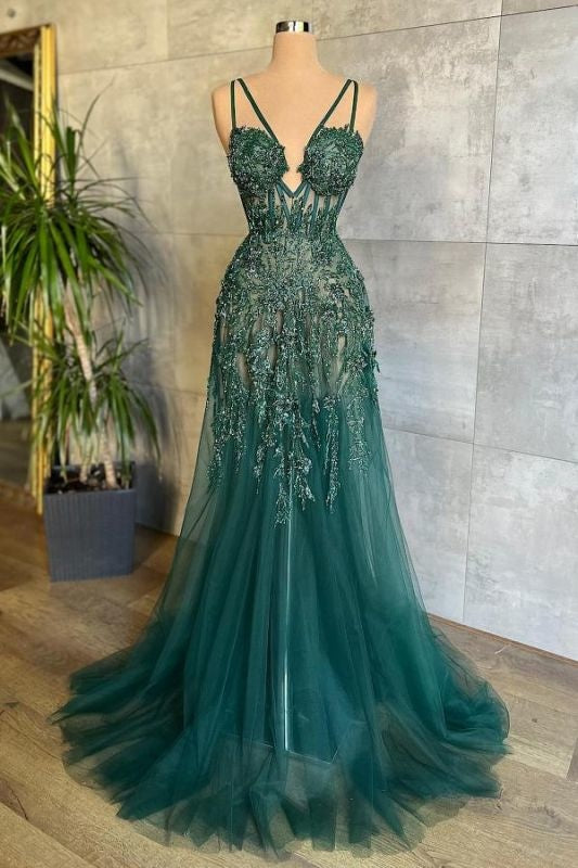 Charming Dark Green Tulle Long Evening Dress Outfits For Women Sweetheart Sleeveless Formal Prom Dress