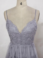 Charming Grey Lace Evening Party Dress Outfits For Women , High Quality Formal Gown