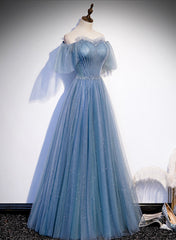 Charming Light Blue Tulle Puffy Sleeves Floor Length Party Dress Outfits For Girls, Blue A-line Pricess Gowns Prom Dress