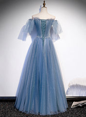 Charming Light Blue Tulle Puffy Sleeves Floor Length Party Dress Outfits For Girls, Blue A-line Pricess Gowns Prom Dress
