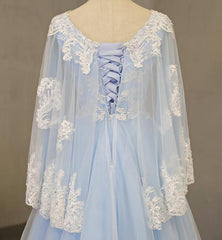 Charming Light Blue Tulle V-neckline Long Party Dress Outfits For Girls, Prom Dress