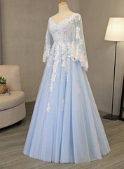 Charming Light Blue Tulle V-neckline Long Party Dress Outfits For Girls, Prom Dress