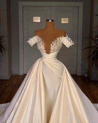 Charming Long A-line Off-the-shoulder Cathedral V-neck Satin Lace Wedding Dress