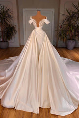 Charming Long A-line Off-the-shoulder Cathedral V-neck Satin Lace Wedding Dress