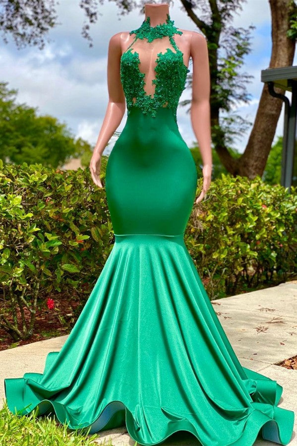 Charming Long Mermaid Halter Stretch Satin Lace Backless Prom Dress