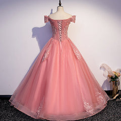 Charming Pink Off Shoulder Lace Applique Sweetheart Party Dress Outfits For Girls, Pink Prom Dress