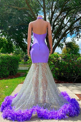 Charming Purple Long Mermaid Halter Satin Tulle Prom Dress
