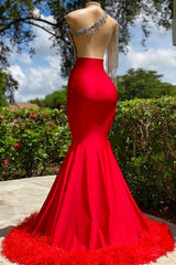 Charming Red Long Mermaid Tassel One Shoulder Satin Backless Prom Dress