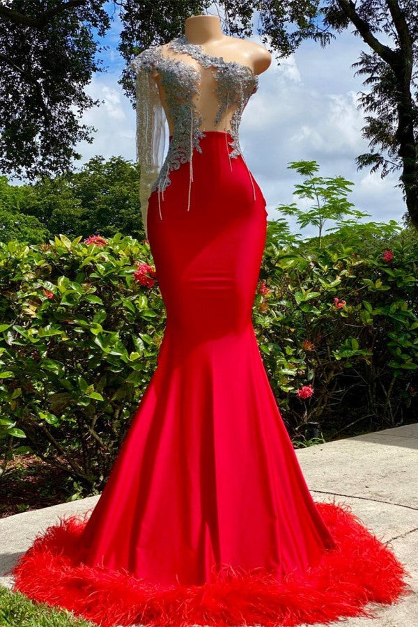 Charming Red Long Mermaid Tassel One Shoulder Satin Backless Prom Dress
