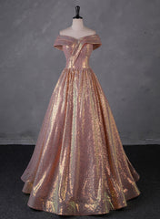Charming Rose Gold Sequins Long Party Dress Outfits For Girls, Off Shoulder Sequins Prom Dress