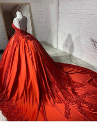 Charming Spaghetti Straps V Neck Aline Wedding Dress Outfits For Women Orange Floral Appliques