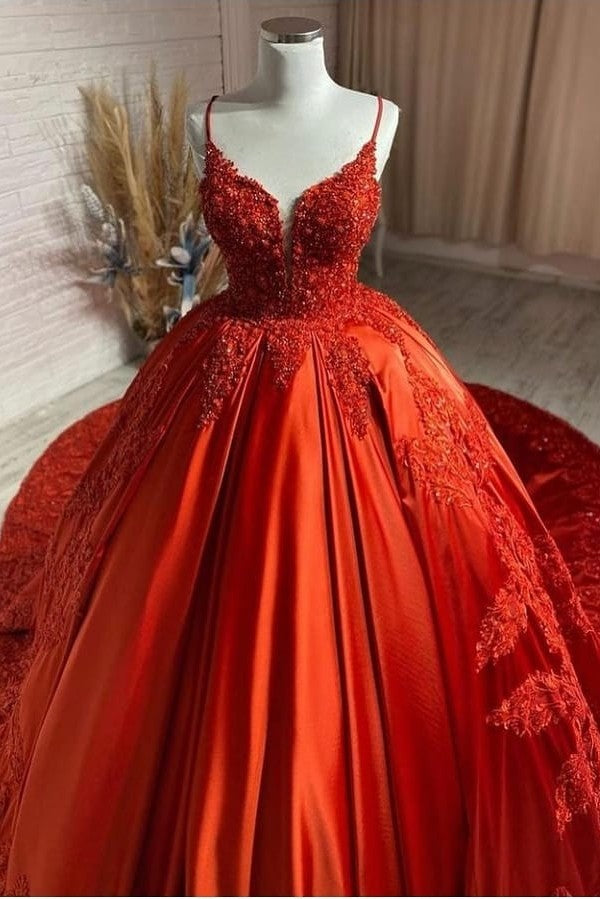 Charming Spaghetti Straps V Neck Aline Wedding Dress Orange Floral Appliques