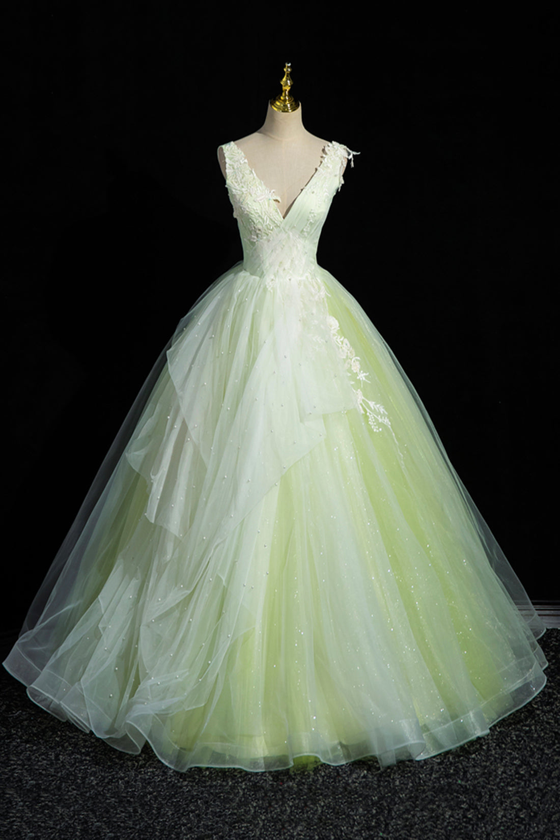 Charming Tulle Lace Green Prom Dresses For Black girls For Women, V-Neck Sleeveless Floor-Length Formal Evening Dresses