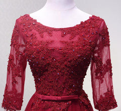 Charming Wine Red Short Sleeves Lace Applique Wedding Party Dress Outfits For Girls, Formal Gown