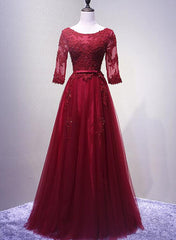 Charming Wine Red Short Sleeves Lace Applique Wedding Party Dress Outfits For Girls, Formal Gown