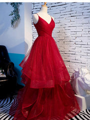 Charming Wine Red Straps Sweetehart Layers Tulle Prom Dress Outfits For Girls, Long Party Dress