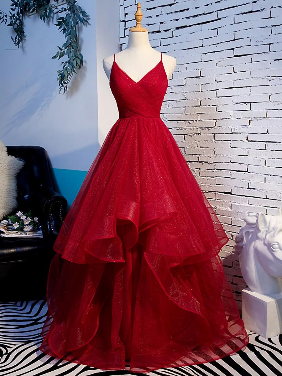 Charming Wine Red Straps Sweetehart Layers Tulle Prom Dress Outfits For Girls, Long Party Dress