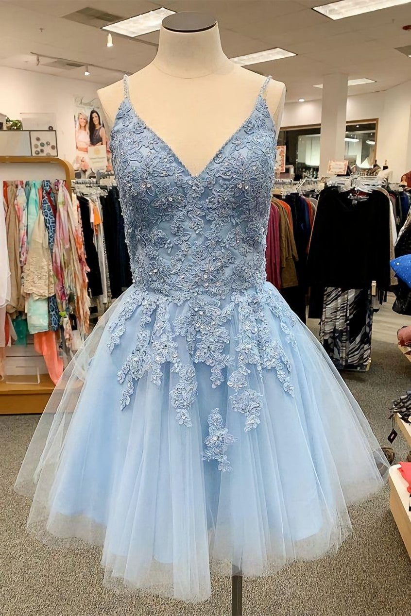 Chic A-line Light Blue Tulle Homecoming Dress Outfits For Women With Lace Appliques,Cocktail Dress Outfits For Girls,Semi Formal Dresses