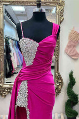 Chic Asymmetrical Fuchsia Beaded Long Prom Dress Outfits For Girls,Green Dinner Dresses