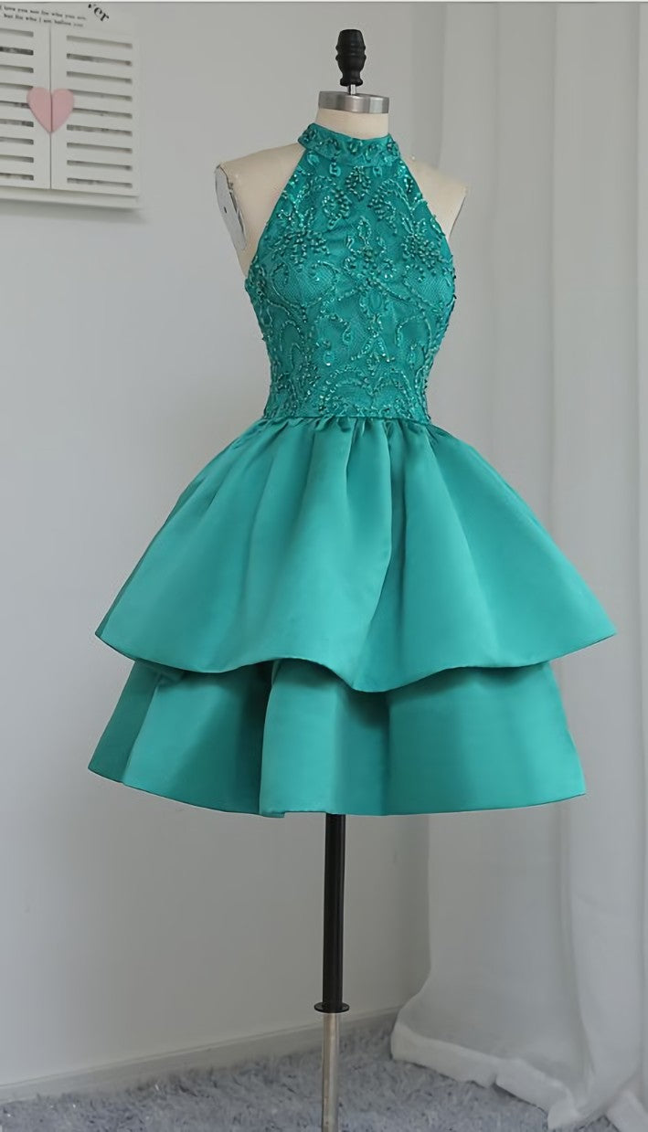 Chic Green Satin and Lace Layers Homecoming Dress Outfits For Girls, New Homecoming Dress