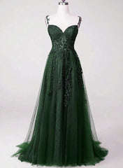 Chic Green Straps Tulle with Lace Party Dress Outfits For Girls, A-line Sweetheart Floor Length Prom Dress